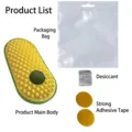 Package contents of avocado-shaped cat self-groomer with mint ball and adhesive pads - Ziplock Bag Packaging / Yellow