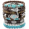 Set di 6 bracciali in pelle stile cowboy con testa di toro e perline turchesi - Set da 8 Pezzi in Stile Cowboy Occidentale A