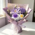 Handmade crochet flower bouquet with purple roses and white daisies for gift giving - Purple Tulip, Carnation, Rose, Gift Bag