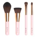 Professional 4-piece makeup brush set with pink handles for powder, foundation and eyeshadow. - Pink