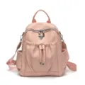 Stylish pink leather women backpack with drawstring pocket and durable shoulder straps. - Pink