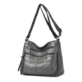 Women soft leather shoulder bag multi-pocket crossbody handbag daily casual grey purse - Dark Gray