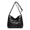 Sac à bandoulière souple en cuir PU noir multi-poches pour femme avec sangle réglable. - Noir