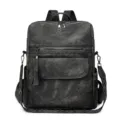 Sac à dos femme en cuir souple rétro voyage multi-poches sac d'école avec pompon - Noir