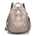 Stylish women casual leather backpack variant in taupe color with multiple zipped pockets. - Taupe