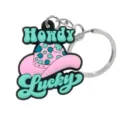 Roze cowboyhoed sleutelhanger detailweergave, schattig klaver PVC accessoire voor tassen. - Roze Klaver Cowboyhoed