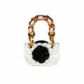 White quilted handbag shoe charm with black camellia and gold chain for clogs DIY. - Quilted Handbag Style(906-17)