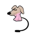 Cute silicone dog straw cover with pink scarf, dust-proof straw topper accessory. - 1792-40