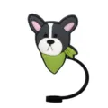 Silicone cartoon dog straw cover and dust plug with green scarf for reusable drinking straws. - 1792-49