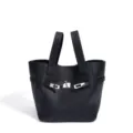 Black genuine leather tote bag with metal lock clasp large capacity daily handbag for women - Black