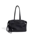 Bolso de hombro de cuero genuino negro, elegante bolso tote de gran capacidad para mujer. - Negro