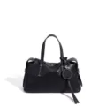Bolso de mano negro de piel auténtica para mujer, elegante bolso de hombro con costuras blancas. - Negro Medianoche