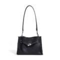Borsa a tracolla nera in vera pelle con chiusura metallica, elegante borsa da donna. - Nero