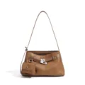 Brown genuine leather shoulder bag with metal padlock design and mini coin pouch for women stylish - Vintage Brown