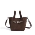 Bolso bombonera de ante marrón para mujer, bolso de mano de lujo con asa y cierre metálico. - Moca