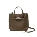 Bolso tote marrón de cuero genuino con cierre de cerradura metálica y correa cruzada ajustable. - Gris elefante
