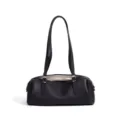 Black leather Boston shoulder bag, vintage bowling handbag with long straps and silver hardware. - Black