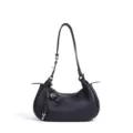 Black genuine leather crescent shoulder bag, stylish hobo underarm bag with key charm - Black