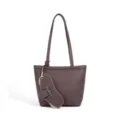 Bolso tote de hombro en cuero marrón, diseño minimalista con asas finas y pequeño bolsillo. - Rojo Café