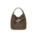 Bolso de hombro tipo cubo de cuero marrón con asa y cierre metálico elegante mujer - Gris elefante