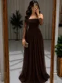 Detail shot of elegant dark brown off-the-shoulder long sleeve lace evening maxi dress. - S / Coffee