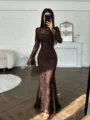 Vestido largo de encaje marrón oscuro con manga larga, elegante vestido de noche ajustado. - S / Café