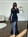 Elegante vestido de sirena de encaje de manga larga azul oscuro, vestido de noche ajustado para mujer. - S / Azul Marino