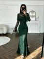 Elegante vestido largo de sirena de encaje verde oscuro con manga larga, ajustado. - S / Verde Oscuro