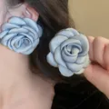 Elegant large fabric flower earrings fashion statement satin camellia floral studs jewelry - Blue 3D Flower (81#)