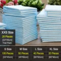 Pet disposable pee pad size chart showing multiple dimensions for dogs and cats. - 60*90cm 50 Pieces Thin Style