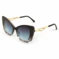 Retro cat-eye zonnebril voor dames met blauwe glazen en chique metalen pootjes echt mooi - M6303 zwart & panterprint montuur blauwe glazen