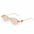 Fashion luxury rimless polygon sunglasses with gold metal frame and chic crystal flower temples. - Gold Frame Light Orange Lens