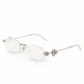 Stylish polygon rimless sunglasses for women with crystal clover temples, silver frame white lens. - Silver Frame White Lens