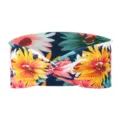 Detail van de bloemige gedraaide haarband, brede boho haarband met zonnebloemprint. - Chrysant oranje-zwart