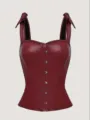 Wine Red Faux Leather Corset Top For Women Bow Straps Boned Bustier Sexy Crop Top - XS / Burgundy