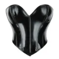 Close-up of black patent leather corset bustier top with glossy finish and boning details. - XS / Tops / Black