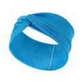 Detailansicht des blauen elastischen Knoten-Stirnbandes, feine Stoffstruktur im Nahbereich. - Seeblau