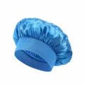 Blue satin hair sleep cap for women, large brim soft elastic night bonnet for curly hair. - Sky Blue