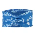Blauwe elastische katoenen haarband met witte tekstprint, comfortabel sport hoofddeksel. - Blauw