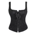 Schwarzes gotisches Brokat Korsett Top mit Front Schnürung und Formungsdesign. - XS / Oberteile / Schwarz