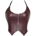 Sexy burgundy faux leather halter crop top for women, featuring front metal zipper and slim fit design. - XS / Tops / Brown Leather Color