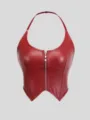 Red faux leather halter front zip slim fit sexy crop top for women party clubwear. - XS / Tops / Burgundy