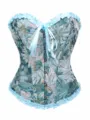 Blue floral brocade corset top with delicate light blue ruffles and front closure. - XS / Blue