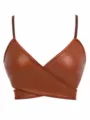 Women sexy faux leather bralette crop top v neck cross straps push up bustier streetwear. - XS / Coffee