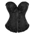Black women's corset top with front zipper, floral damask pattern and elegant ruffles. - 3XL / Tops / Black