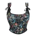 Damen schwarzes Blumen Korsett Top mit verstellbaren Schleife Trägern und stützenden Stäbchen. - XS / Buntes Schwarz