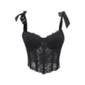 Schwarzes sexy Spitzen Korsett Top trägerloses Bustier mit Schleifen Trägern und Stäbchen. - XS / Schwarz