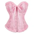 Pink floral brocade corset top with front zipper and ruffles for women shapewear apparel. - 3XL / Tops / Pink