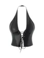 Stylish black faux leather halter corset top with front lace-up detail and metal eyelets. - XS / Black Leather
