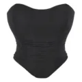 Detailed view of the black strapless top showcasing ruched waist and mesh chest panel. - XS / Black